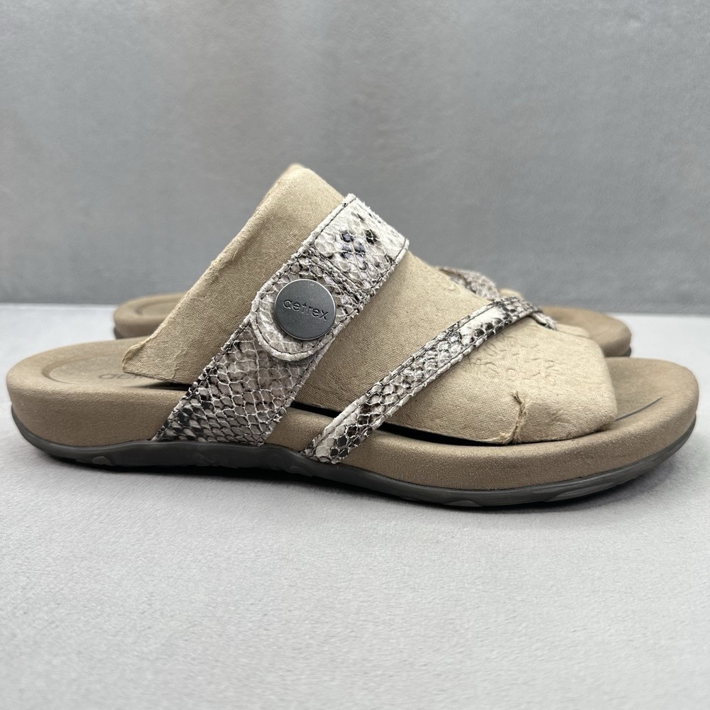 Aetrex Izzy Womens Size 10 Slide Sandals Gray Faux Snake Skin Adjustable Comfort